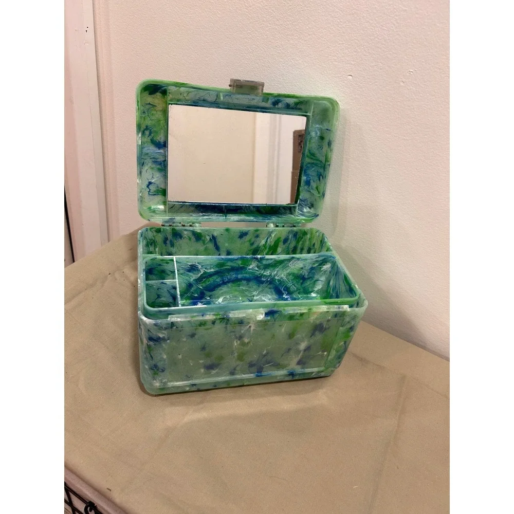 Vintage Green Blue Marbled Acrylic Makeup Train Case Vanity Box with Mirror Tray